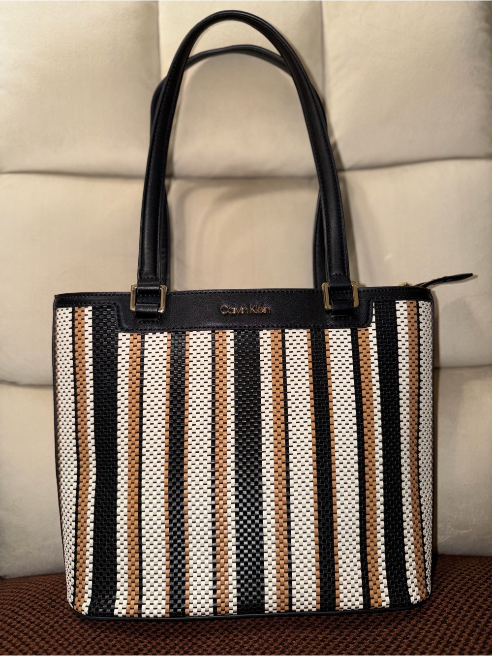 Calvin Klein Black, White & Tan Striped Tote
